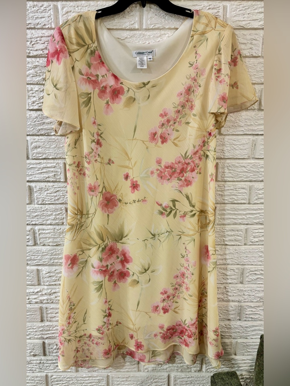 Coldwater Creek Lemon Floral Chiffon Scoop Neck Flutter Sleeve A-Line Dress 16
